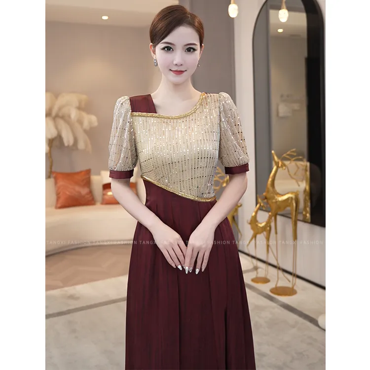 2025夏季新款【LT-1146】法式轻奢扎花红色亮片拼接显白圆领连衣裙