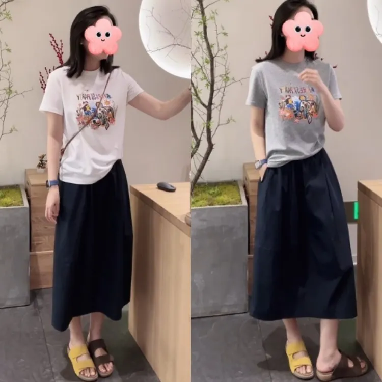 夏季薄款休闲正肩宽松短袖T恤+a字版型休半身裙花苞裙LK2505020