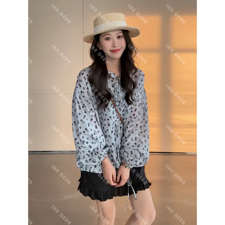 JIUJIU【晚风玫瑰】苎麻莱赛尔波点套头宽松绑带正反两穿衬衫上衣女