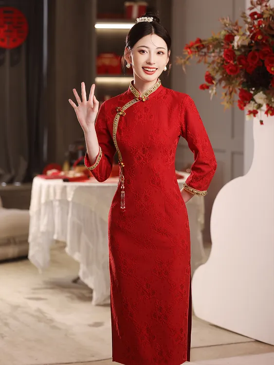 红色旗袍敬酒服2025秋季新款新娘结婚当天便装订婚回门礼服连衣裙