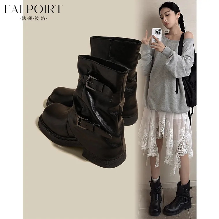 FALPOIRT网红爆款裤管靴女厚底内增高皮带扣黑色马丁短靴冬季加绒