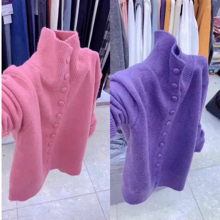 2025秋冬韩系高领单排扣软糯毛衣外套女品质时尚气质洋气针织开衫