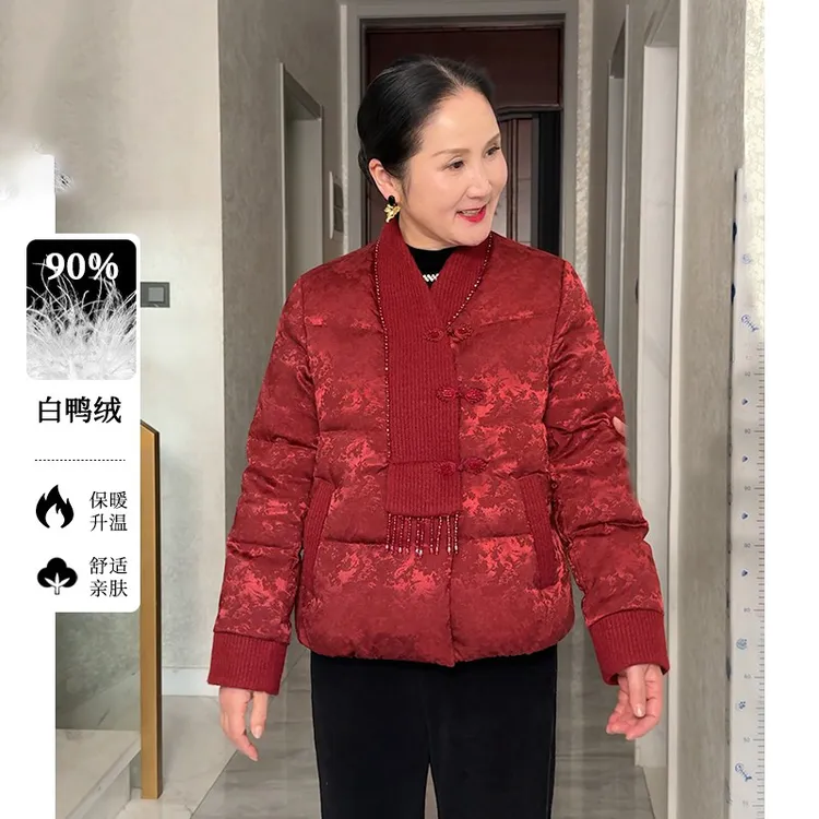 江南2025冬季妈妈装新中式斜襟羽绒服喜婆婆中老年保暖外套国风