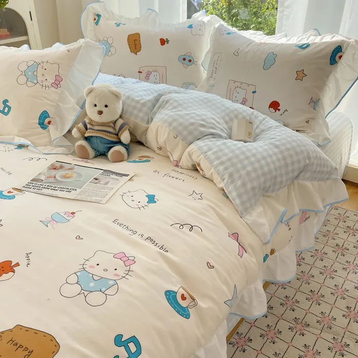 ins风韩版花边可爱猫咪超柔水洗棉四件套单人学生宿舍三件套床笠4