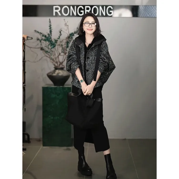 溶溶【斑斓星夜】RONGRONG 混色粗花呢拼接小香风连帽外套ZGQ6W2856