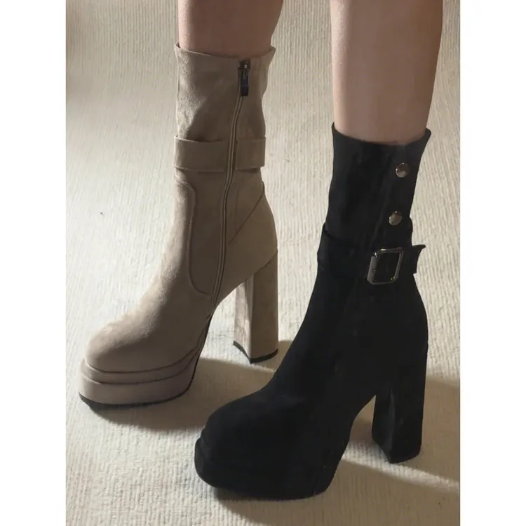 韩剧女主～小个子防水台超高跟短靴女2025秋冬新款复古粗跟瘦瘦靴