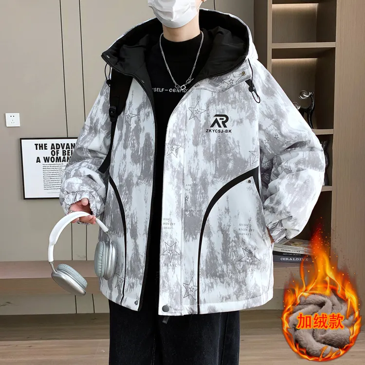 冬季加绒加厚青少年连帽夹克宽松潮流时尚洋气学生保暖外套男上衣