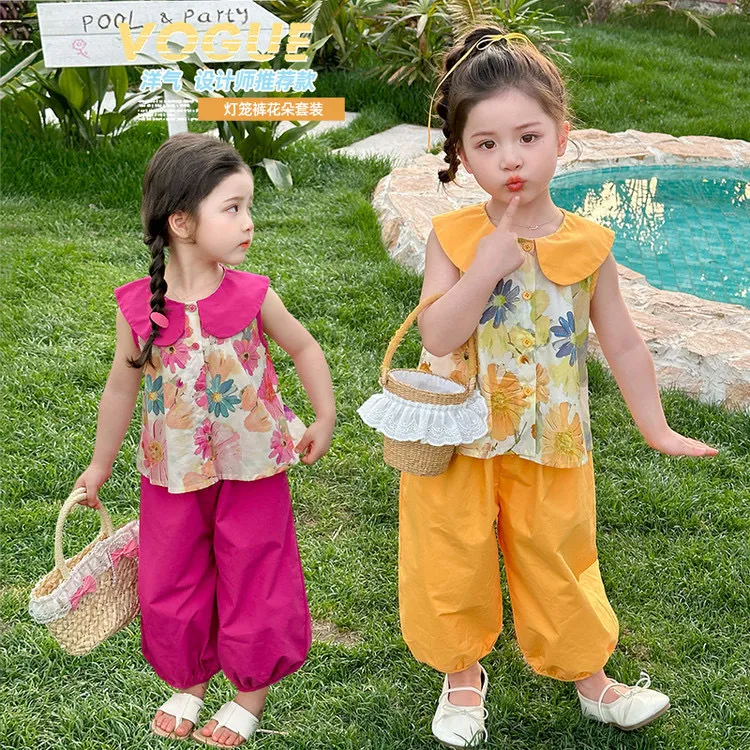 儿童背心套装女童洋气短袖两件套夏季中小童娃娃领上衣女宝防蚊裤