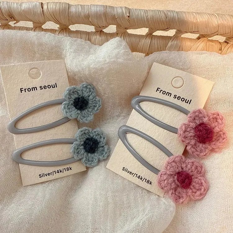 早秋温柔针织毛线花朵镂空BB夹韩系淑女甜妹气质刘海夹侧边夹发夹