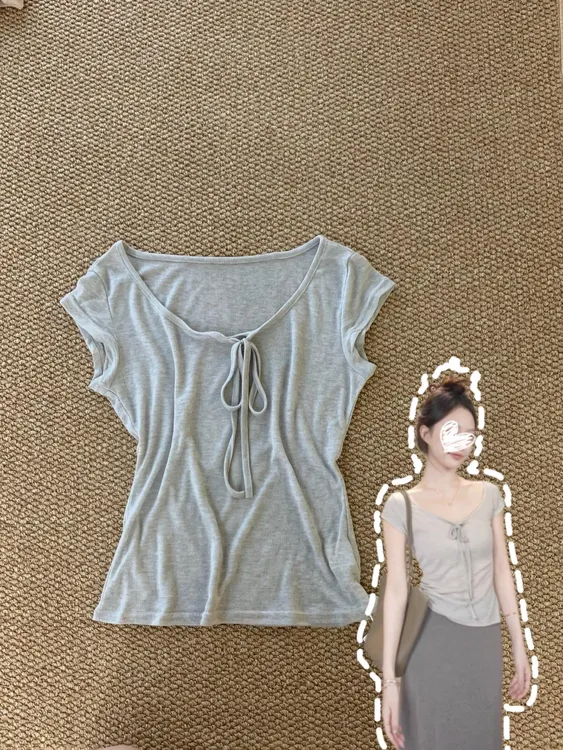 浅灰U领系带设计感短袖T恤女2025年夏季薄款微透掐腰修身短款上衣