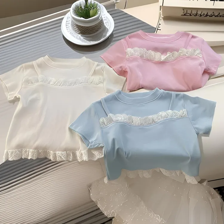 女童短袖t恤 圆领宝宝衣服夏季薄款 花边白色儿童上衣女款高级感