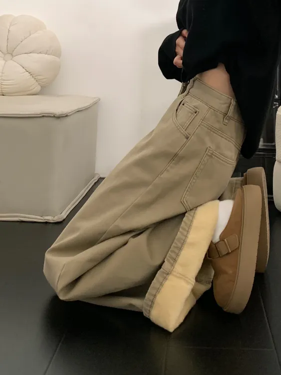 加绒加厚卡其色阔腿牛仔裤女冬季新款大码胖mm高腰显瘦宽松拖地裤