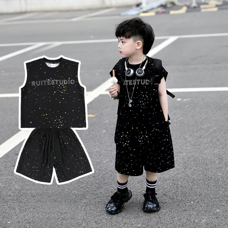 痞帅男童韩系背心套装夏季2025新款儿童薄款无袖黑色短裤两件套潮