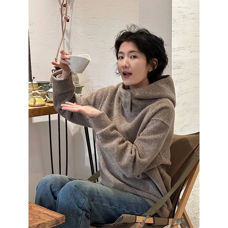 LANGQING 连帽宽松加厚套头保暖长袖驼色舒适卫衣43294#