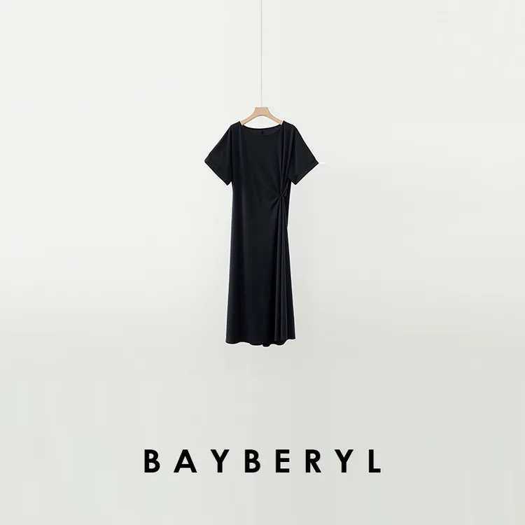 BAYBERYL老贝扭结裙*藏青通勤气质圆领短袖连衣裙DR5F0260
