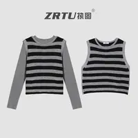 ZRTU/执图2025秋季新款时尚休闲毛针织衫撞色条纹女长袖两件套
