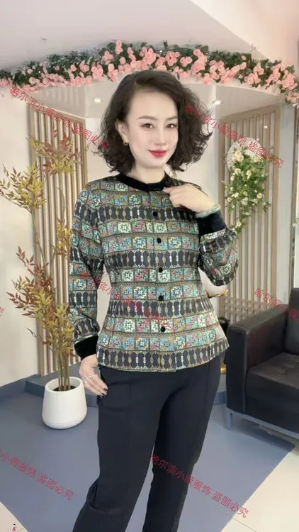 时尚百搭修身显瘦设计感掐褶收腰气质感复古印花长袖衬衫X6056