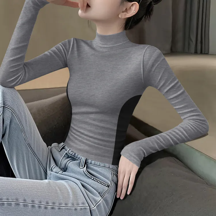 网红半高领拼色长袖T恤女秋冬修身显瘦沙漏腰打底衫内搭黑色上衣