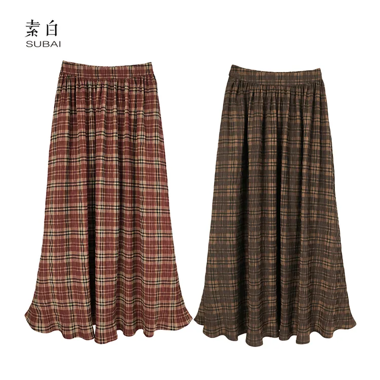 素白【浪浪人生】Q02086复古格子波浪褶半身裙