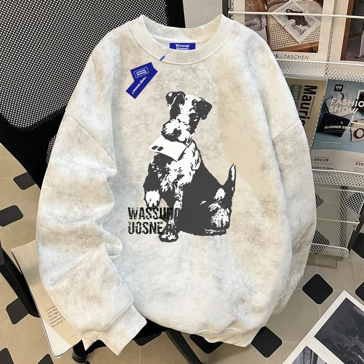 美式复古潮牌蜡染圆领卫衣男秋季cleanfit玩趣百搭短宽印花上衣服