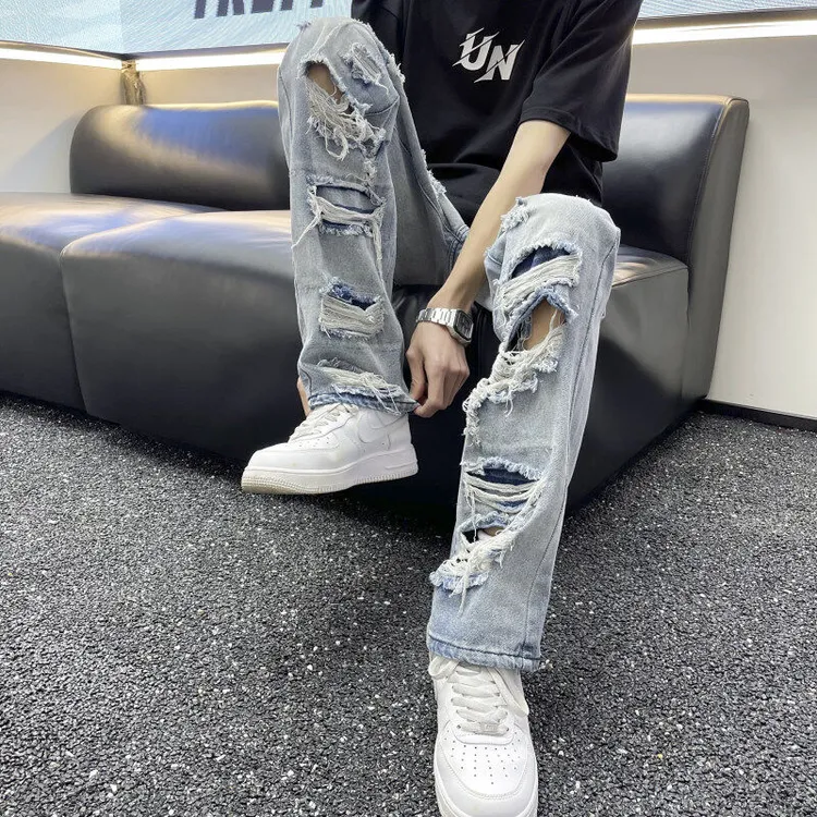 欧美街头hiphop裤子高街ins潮牌水洗破洞牛仔裤男小众设修身直筒