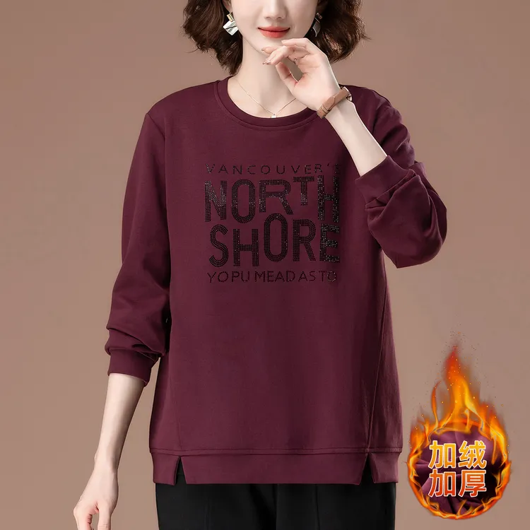 加绒卫衣女秋冬新款宽松加大码中年妈妈圆领烫钻加厚保暖上衣外套