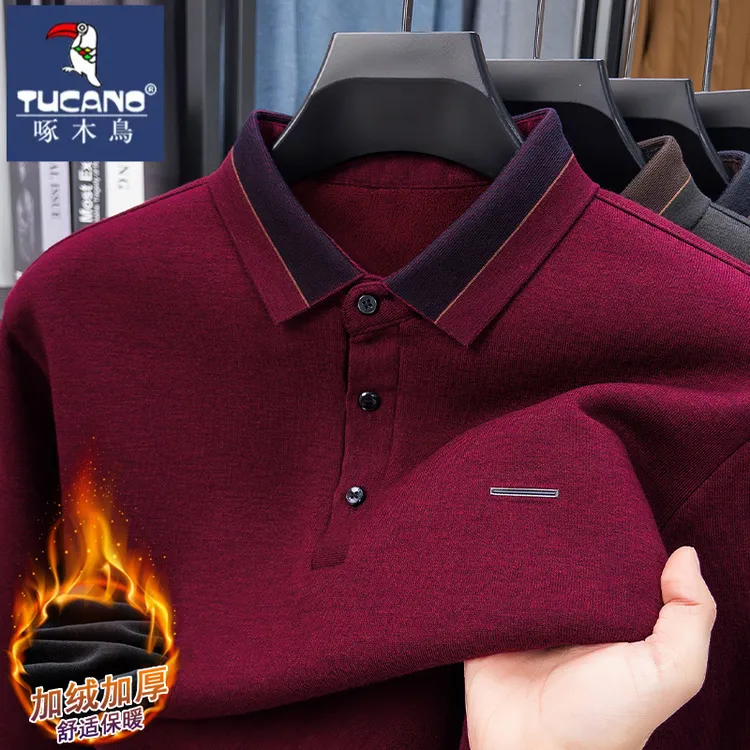 啄木鸟加绒加厚男士翻领卫衣秋冬季休闲中年商务保暖宽松长袖上衣