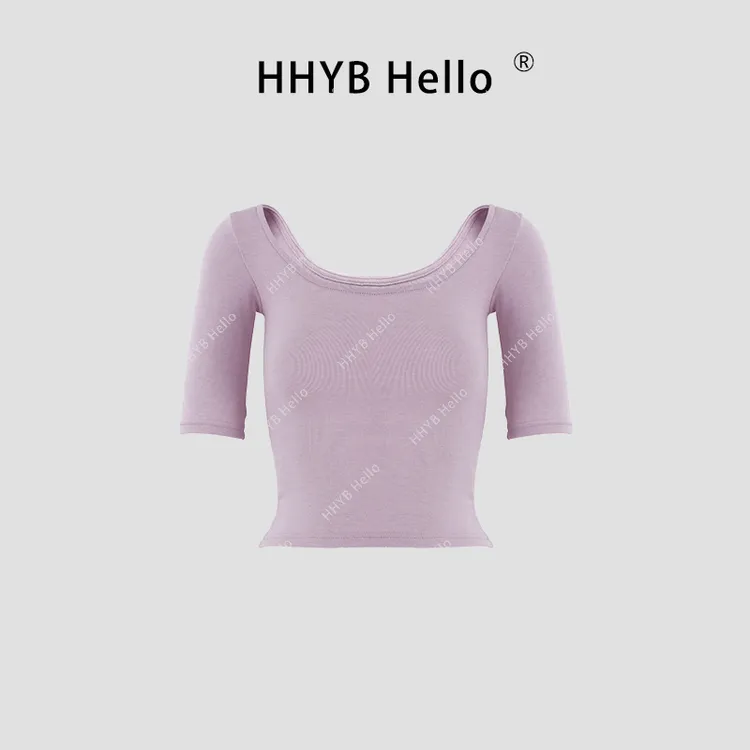 HHYB Hello【2025春季新款】大圆领两穿修身显瘦中袖T恤上衣250016