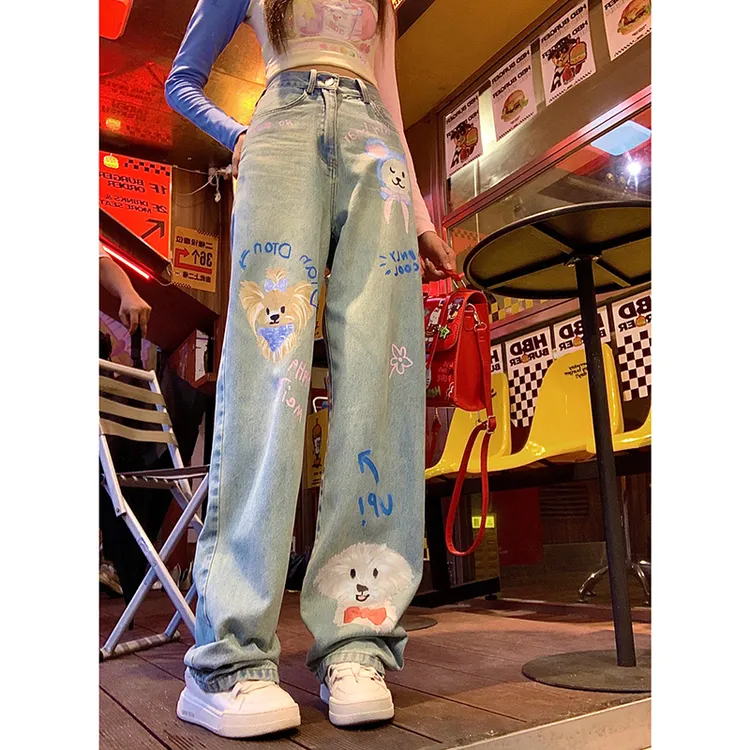 大码多巴胺穿搭卡通印花牛仔裤女夏季设计感涂鸦宽松阔腿直筒裤子