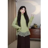 温柔风蕾丝拼接花瓣袖圆领打底衫女新款时尚洋气百搭长袖内搭