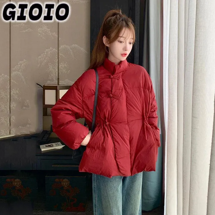 GIOIO立领盘扣新年结婚本命红色羽绒服女冬新小个子中式短款复古