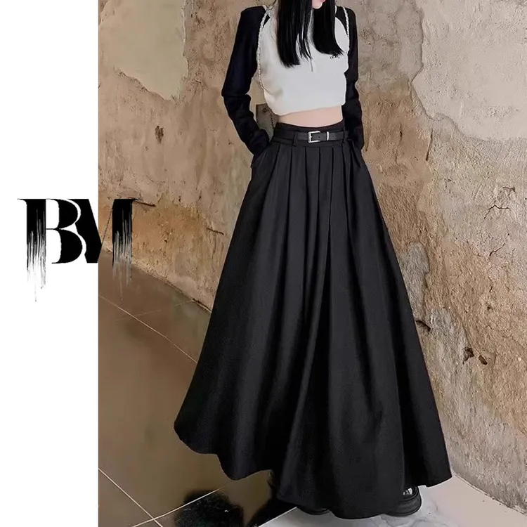 【馒头专属】黑色百褶西装裙女春秋垂坠感半身裙高腰休闲大摆a字过膝中长裙子