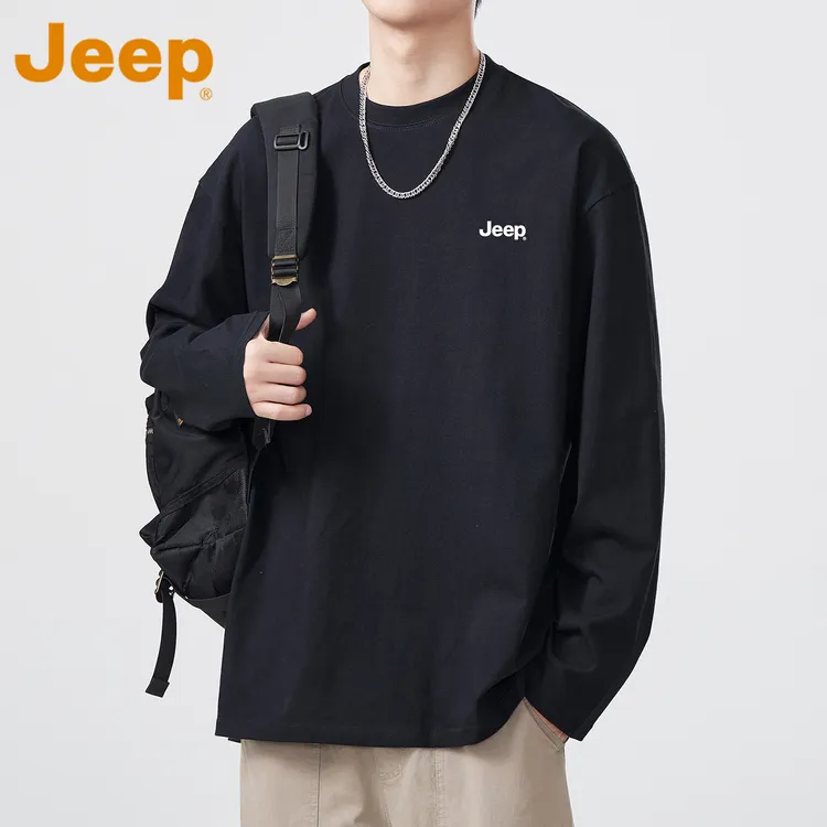 JEEP吉普纯棉黑色圆领长袖T恤男款春秋季2025新款宽松休闲打底衫