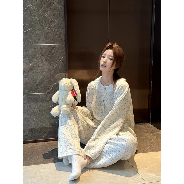 日系可爱甜美卡通夹棉睡衣女秋冬新款花边长袖加厚保暖家居服套装