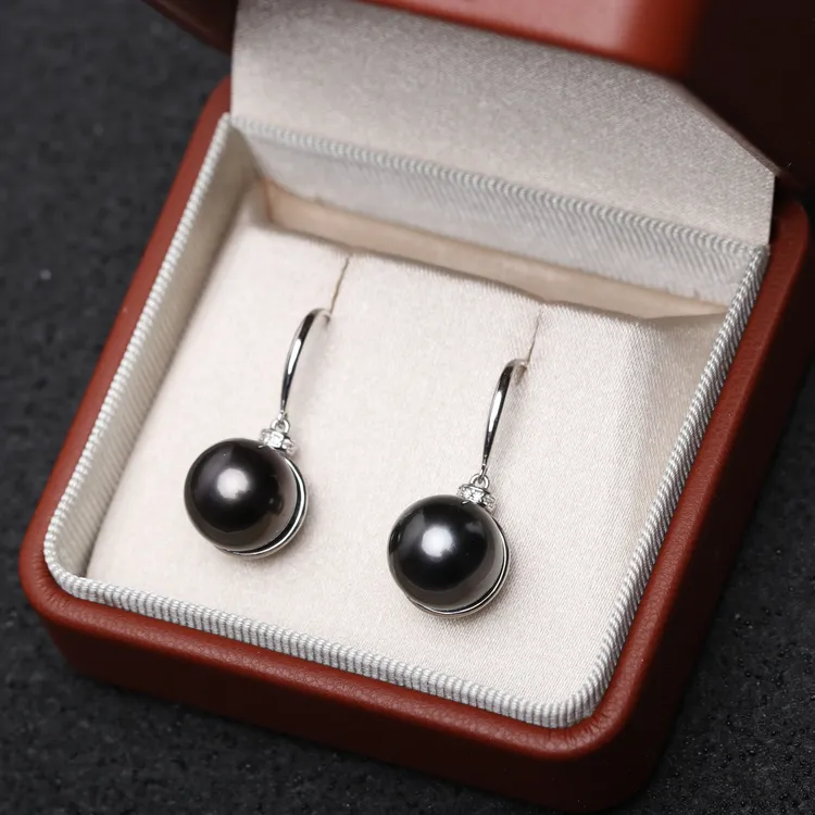 11-12mm大溪地黑珍珠耳钩进口海水珍珠s925银正圆小瑕