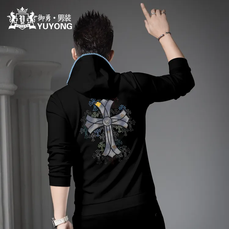 欧洲站男士高端刺绣烫钻连帽卫衣2025新款秋季潮流长袖帽衫上衣男