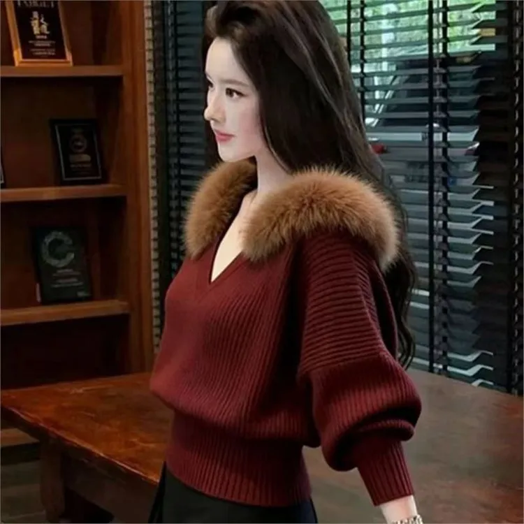 2025秋冬新款韩版时尚轻熟风连帽针织衫慵懒风毛领毛衣潮