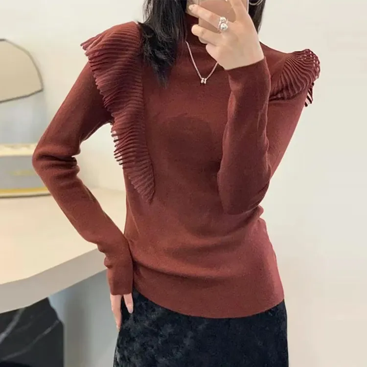 秋季新款半高领长袖针织衫女高级感修身减龄洋气荷叶边内搭上衣