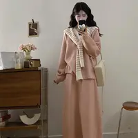 胖颖专属大码秋季新款宽松假两件针织上衣+半身裙+披肩三件套9065