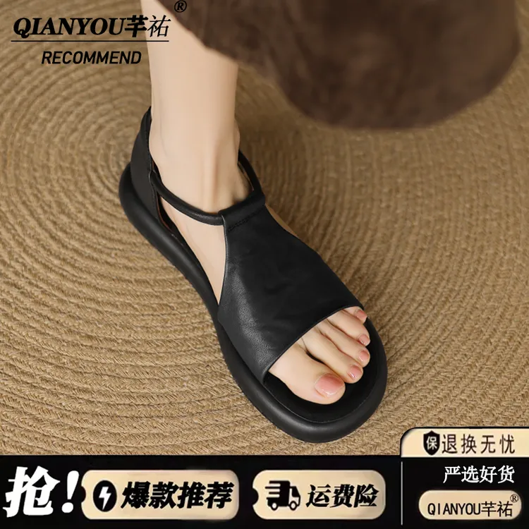 小众复古厚底露趾凉鞋女2025夏季新款镂空休闲舒适平底罗马凉鞋子