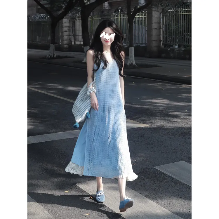 大码女装2025春夏季新款针织无袖长裙搭配吊带裙两件套胖MM