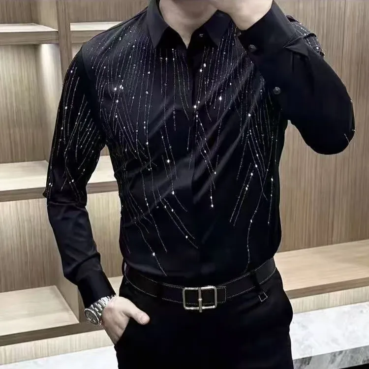 男士长袖衬衫春秋季新款欧货内搭翻领烫钻衬衣男修身休闲百搭上衣