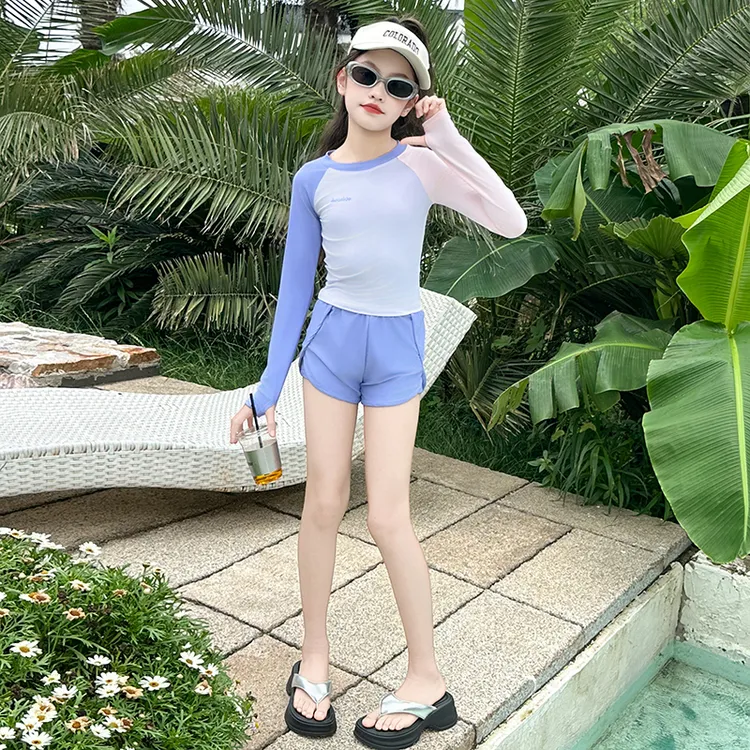 新款女童保守泳衣裤中大童洋气防晒长袖专业训练分体泳装带胸垫潮