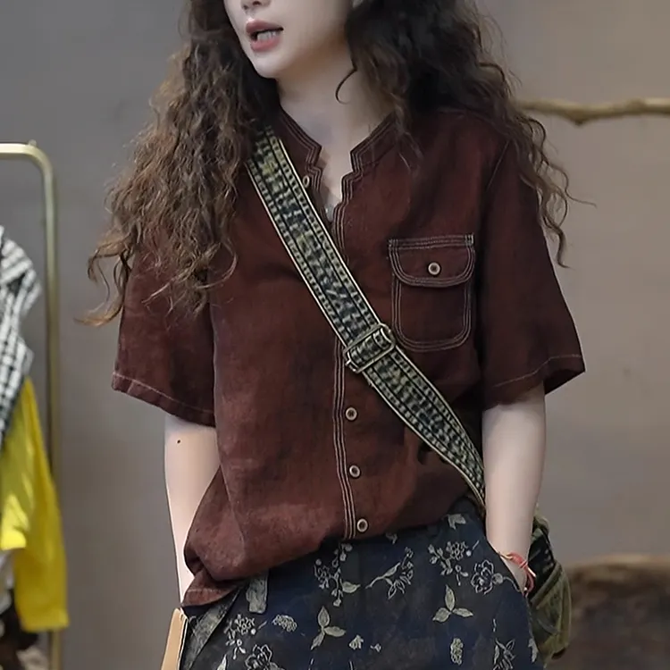 2025夏季新款女色织亚麻衬衫短袖宽松时尚显瘦减龄设计感休闲上衣