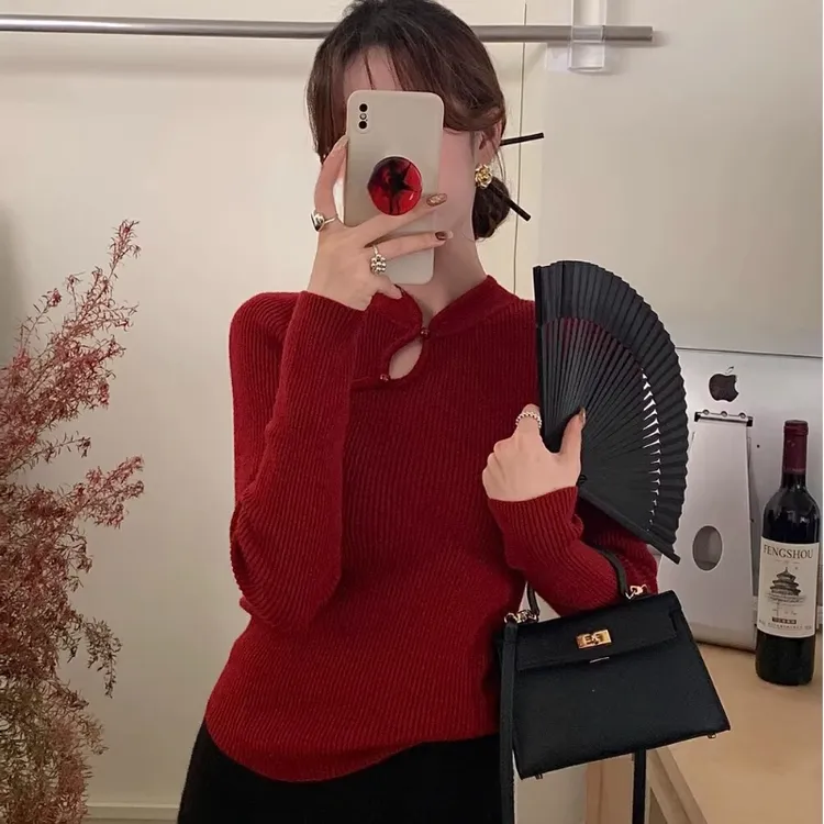 新中式洋气过年红色立领镂空内搭打底衫女秋冬套头毛衣针织衫上衣