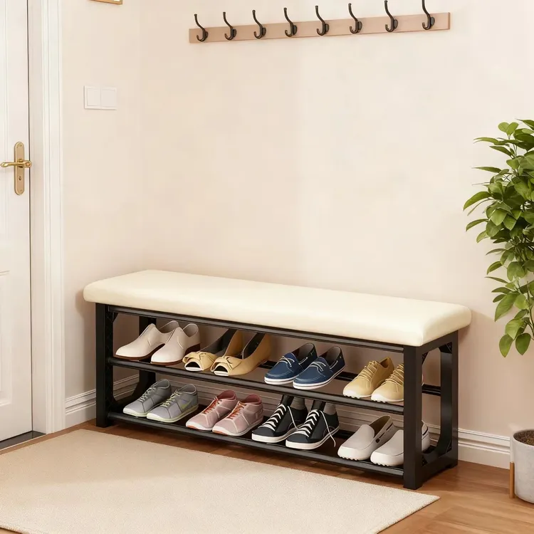 加厚坐垫换鞋凳门口家用穿鞋凳子可坐可收纳入户鞋架坐凳一体进门
