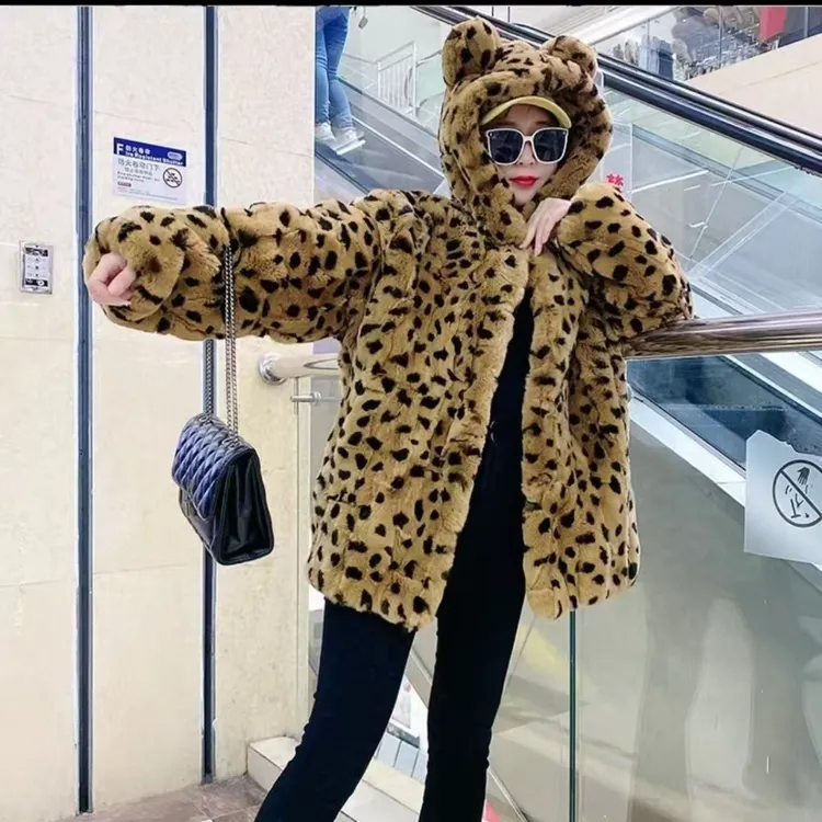 韩版女士豹纹冬季宽松连帽外套