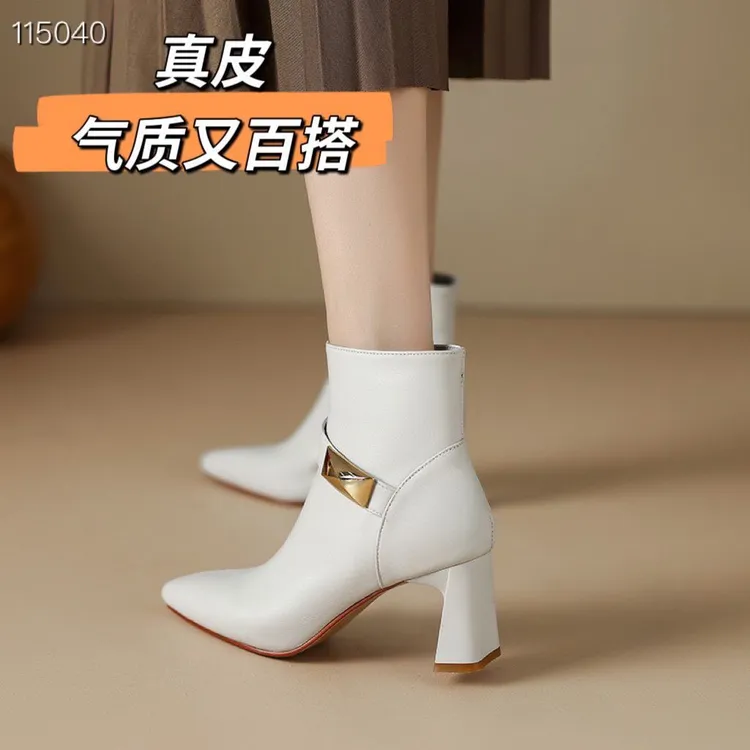 秋冬季尖头粗跟高跟短靴真皮软皮舒适百搭气质轻职风时尚女靴