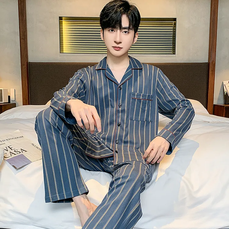 睡衣男士春秋冬条纹纯棉长袖大码冬季家居服男式男生3090