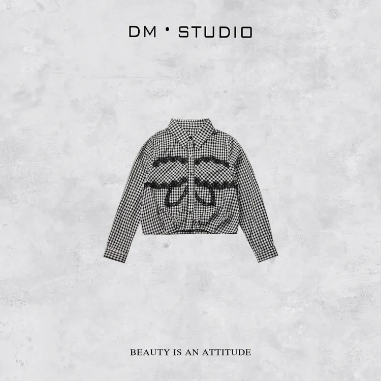 -DM•STUDIO/气质千鸟格拼蕾丝边格纹翻领衬衫上衣（2A3C1165）